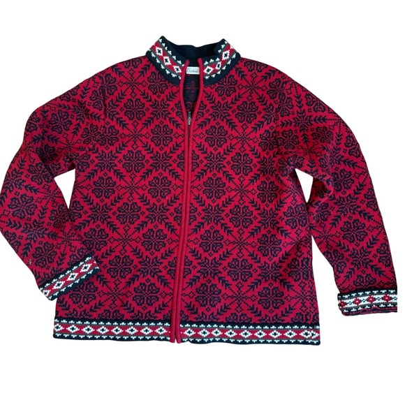 LL Bean Women's Large 100% Cotton Zip Up Cardigan Sweater Red Black Fair Isle - Picture 1 of 9